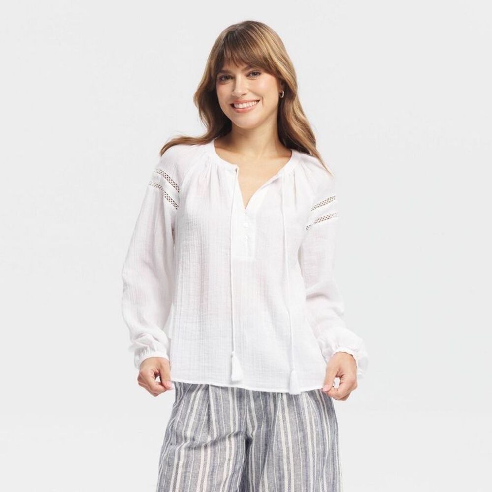 Women's Puff Long Sleeve Tassel Drawstring Tie-Front Blouse -  White M